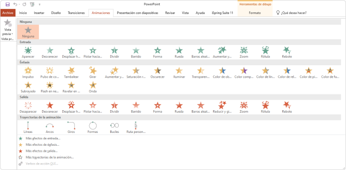 Distintas animaciones disponibles en PowerPoint