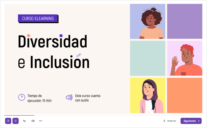 Un curso sobre una cultura de inclusión y diversidad en el lugar de trabajo creado en iSpring Suite Un ejemplo de formación sobre el cambio de comportamiento