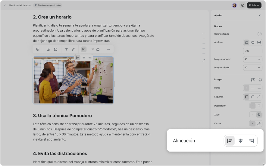 Alineación de bloques en los artículos de la Base de conocimientos
