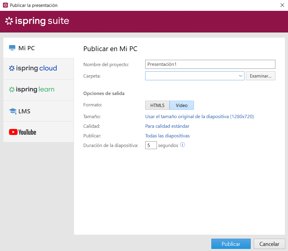 Interfaz de la ventana de publicación de iSpring Suite Publicar una presentación en iSpring Suite