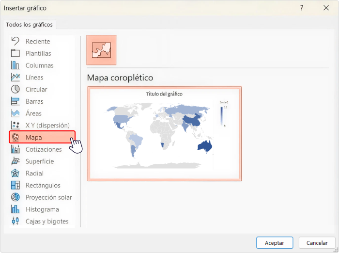 La opción Mapa en PowerPoint