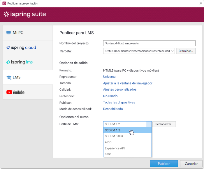 Opciones de publicaci&oacute;n en iSpring Suite